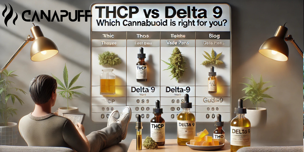 Canapuff comparison infographic showing THCP and Delta 9 cannabinoid products with tinctures, oils and cannabis flower