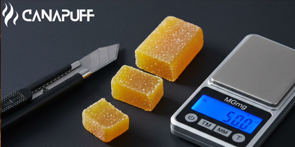 Canapuff logo with sugar-coated gummies, dab tool, and digital scale on dark surface