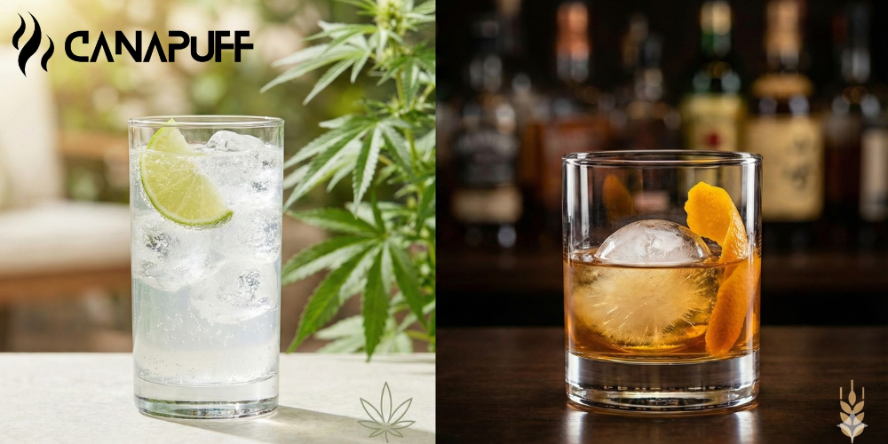 Canapuff logo with two cocktails: lime-garnished clear drink and amber spirit with ice, cannabis plant visible in background