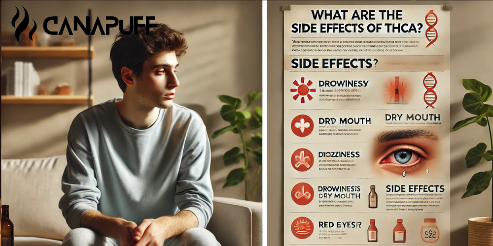 Canapuff blog infographic illustrating common side effects of THCA consumption with icons and descriptions