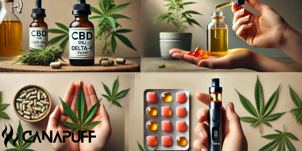 Collage showing CBD oil bottles, Delta-8 gummies, cannabis capsules, vape pen, and Canapuff logo with hemp leaves