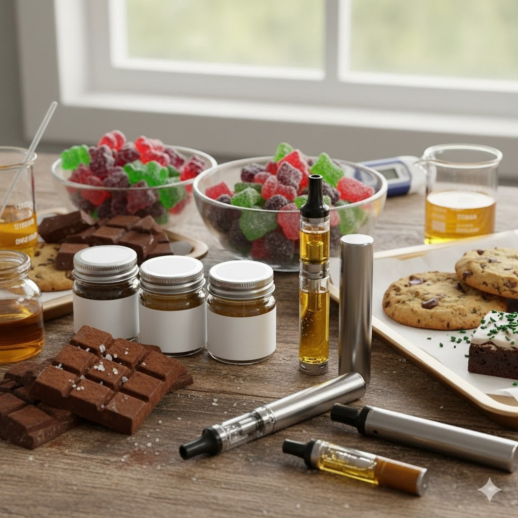 Lifestyle flat lay with vape pens, oils in jars, chocolate, gummies, and cookies on wooden surface