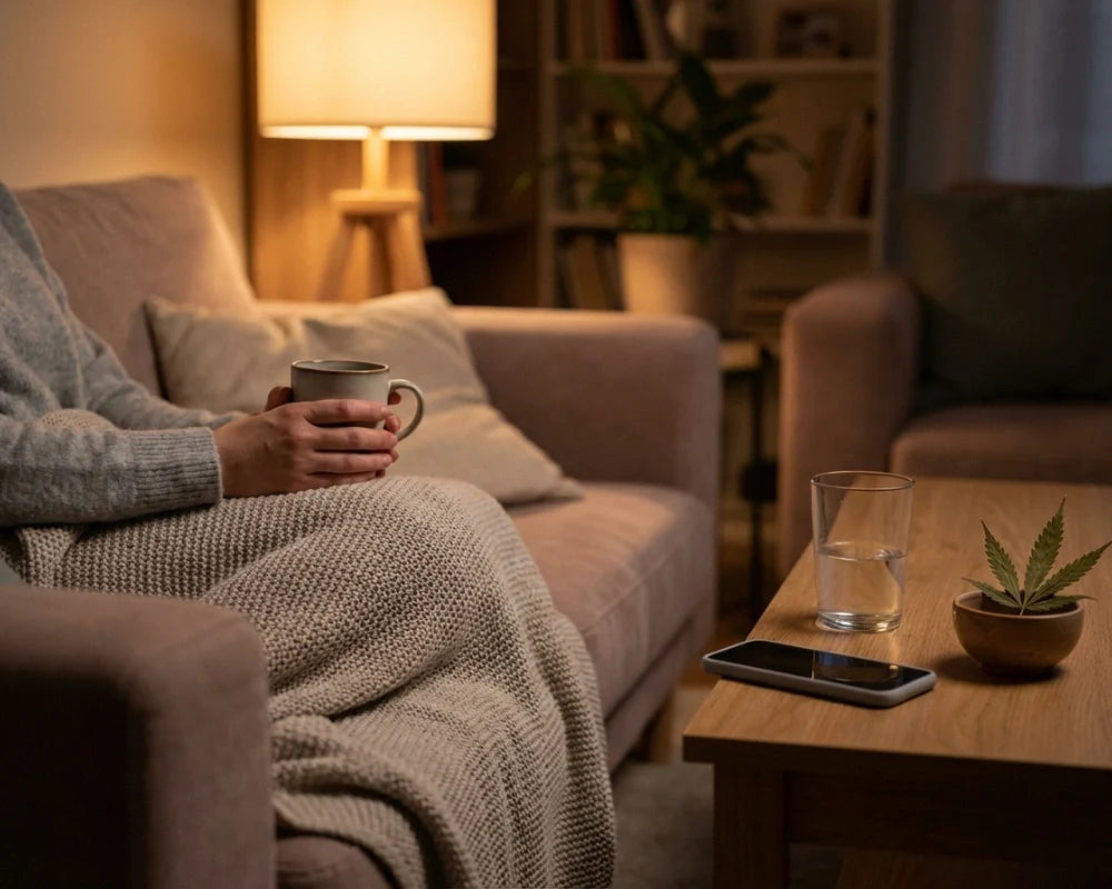 Person relaxing on couch with warm beverage in cozy living room setting