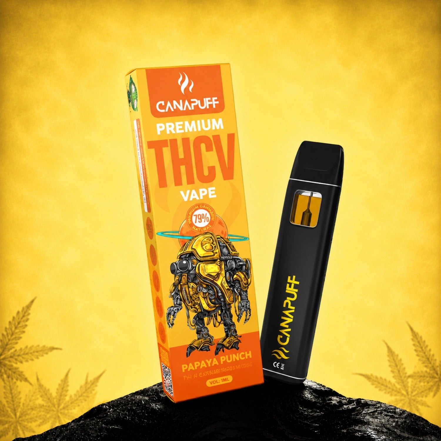 Canapuff THCv Vape Papaya Punch 79% 1ml disposable pen with orange box packaging