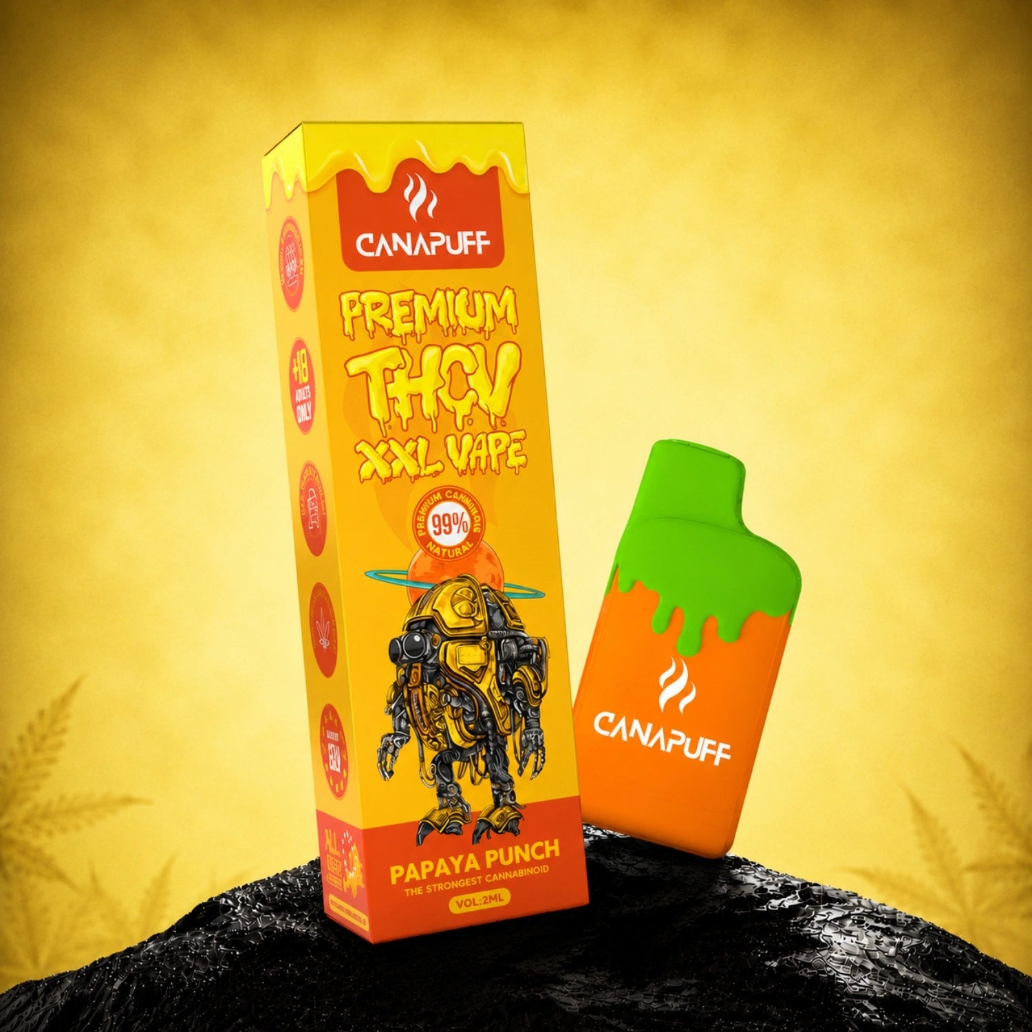 Canapuff THCv XXL Vape Papaya Punch 99% 2ml disposable pen with packaging box