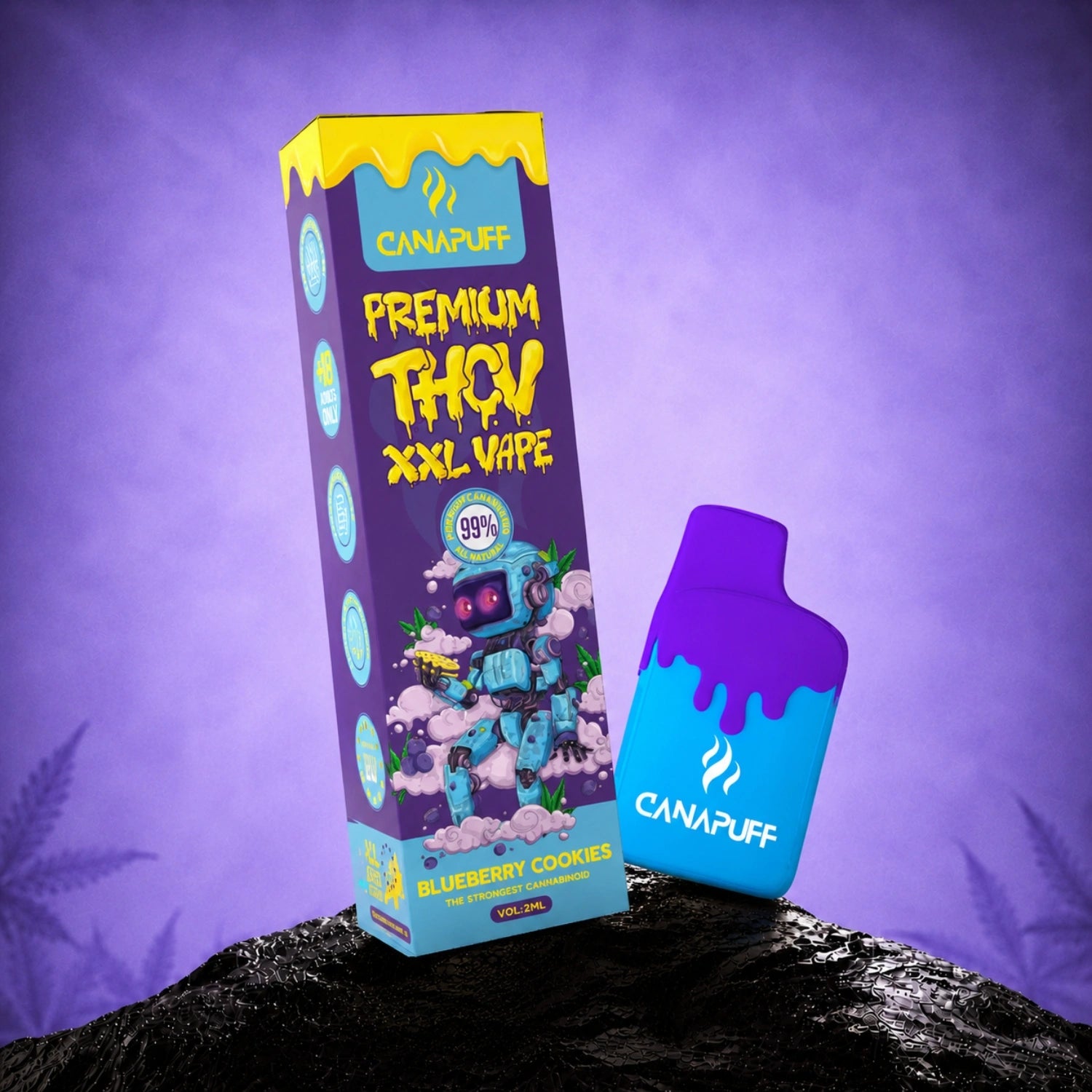 Canapuff THCv XXL Vape Blueberry Cookies 99% 2ml disposable pen with packaging box