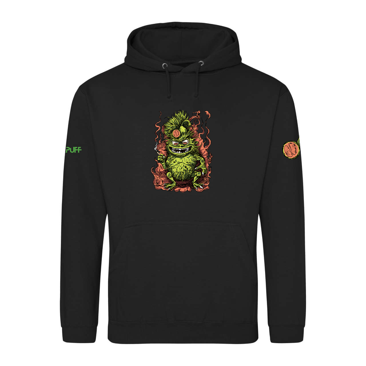 Sort hoodie med gult Canapuff-logo på ryggen