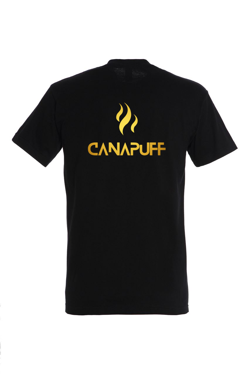 Sort T-shirt med stort Canapuff-logo på brystet
