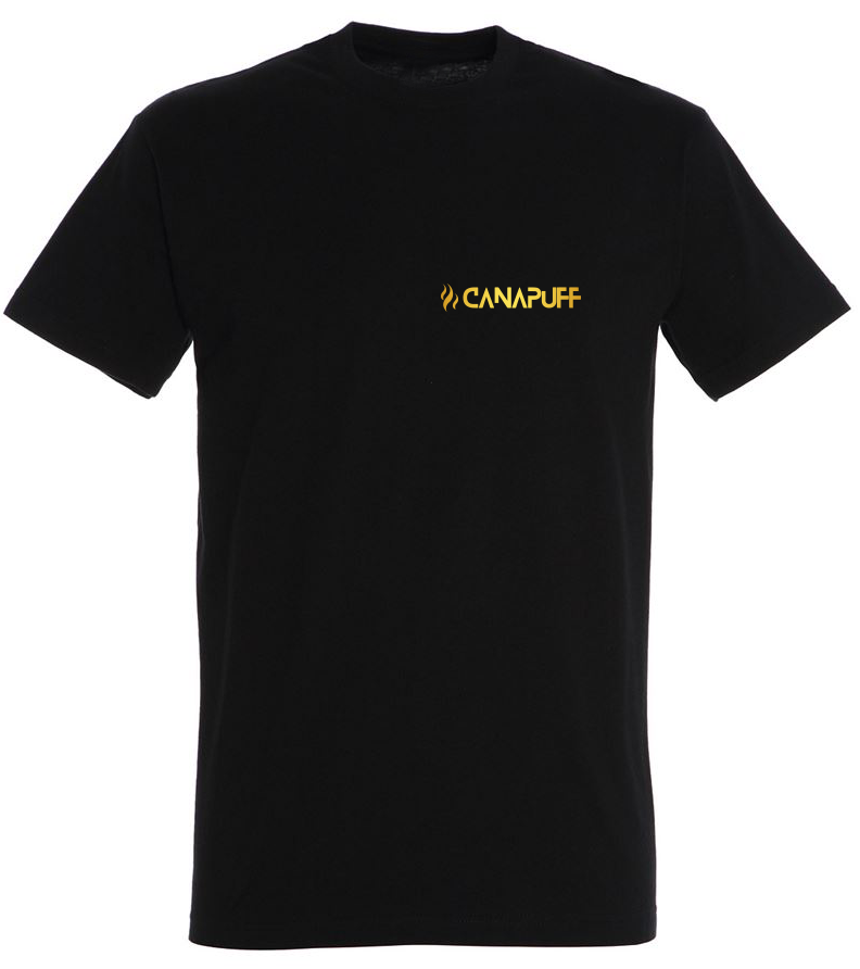 T-shirt Canapuff nera con una piccola scritta dorata "canapuff"