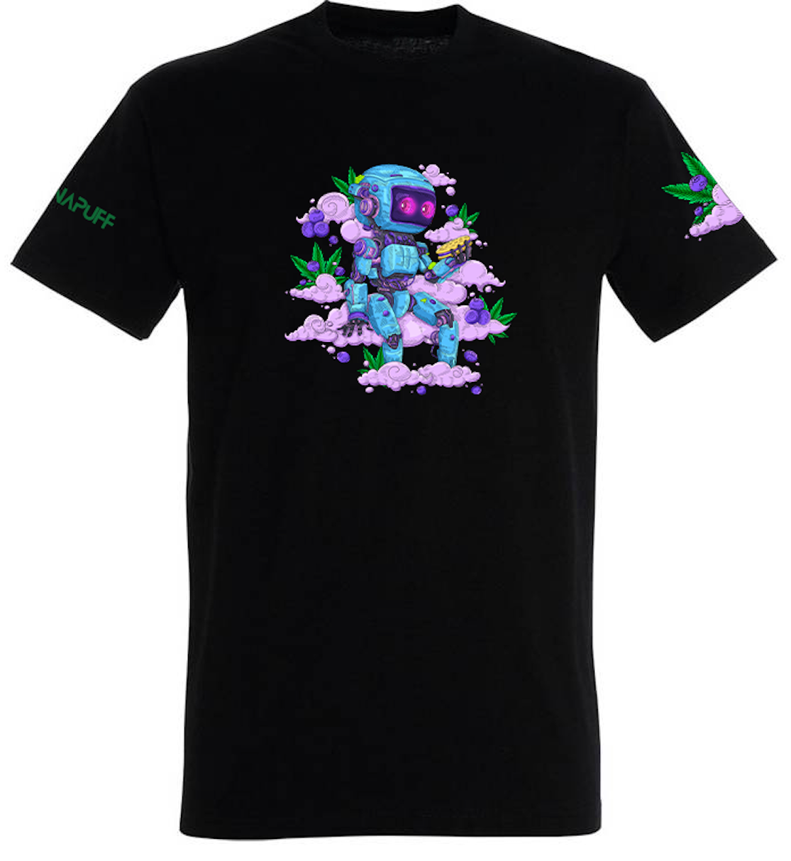 Canapuff T-shirt in het zwart met een robot op roze wolken