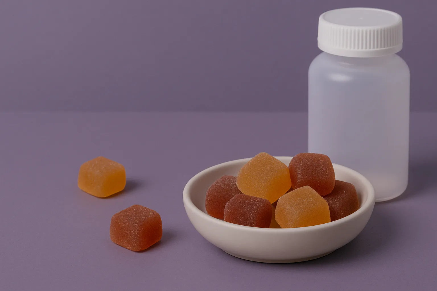 CBD a CBN melatoninové gummies v misce s lahvičkou na fialovém pozadí