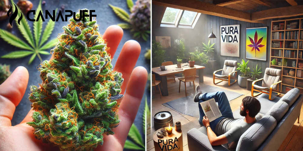 Canapuff Pura Vida strain flower bud held in hand with cannabis leaves in background