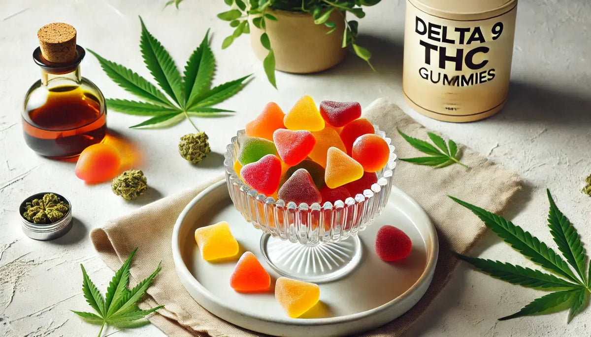 En glasskål fyldt med farverige Delta 9 THC gummies i mango-, appelsin- og kirsebærnuancer, placeret på en ren hvid baggrund med diskrete cannabisblad-dekorationer for et frisk og indbydende udtryk.