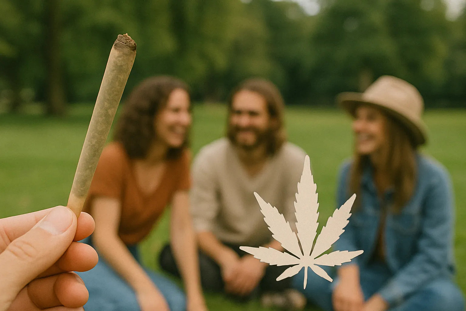 Ruka držící cannabis joint před skupinou přátel sedících na trávě v parku