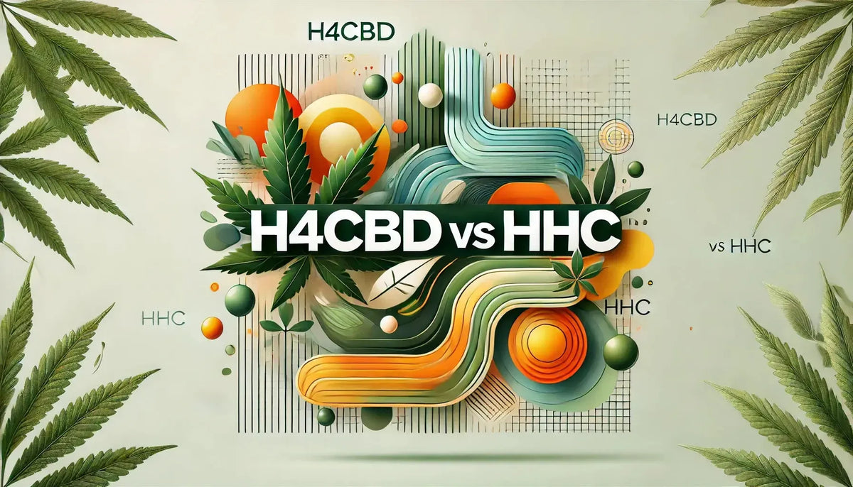 Zaglavna slika bloga pod nazivom „H4CBD vs HHC“, s apstraktnim vizualima u zelenim tonovima za H4CBD i dinamičnim narančasto-žutim tonovima za HHC, naglašavajući njihov kontrast.