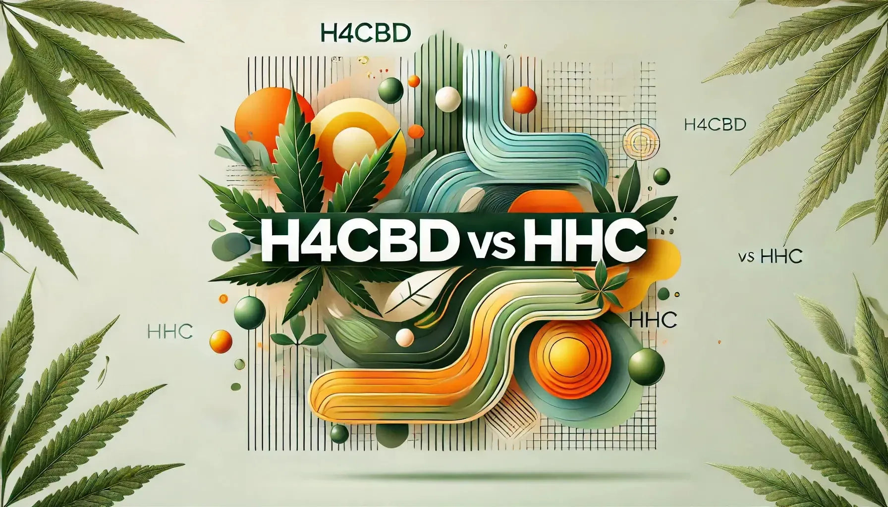 Image d’en-tête de blog intitulée « H4CBD vs HHC », avec des visuels abstraits : des tons verts pour H4CBD et des tons orange-jaune dynamiques pour HHC, mettant en avant leur contraste.