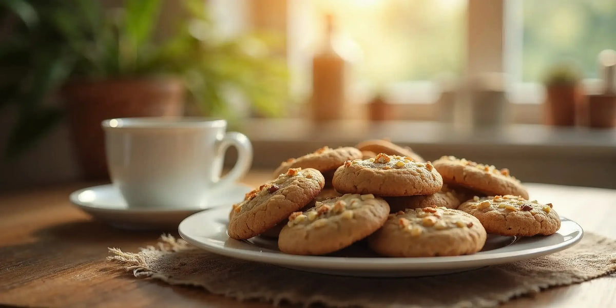 CBD Cookies servite pe o farfurie cu o ceașcă de cafea