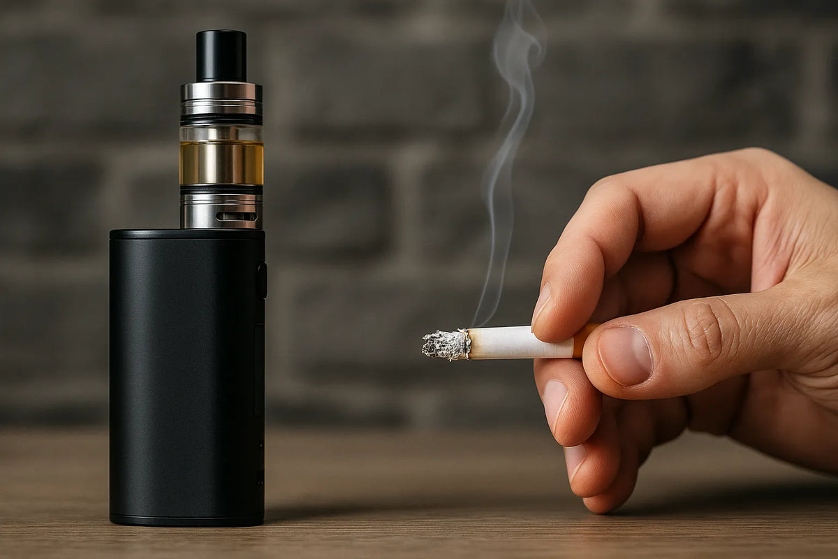 Image côte à côte d’un vape pen et d’une main tenant une cigarette allumée sur une table en bois