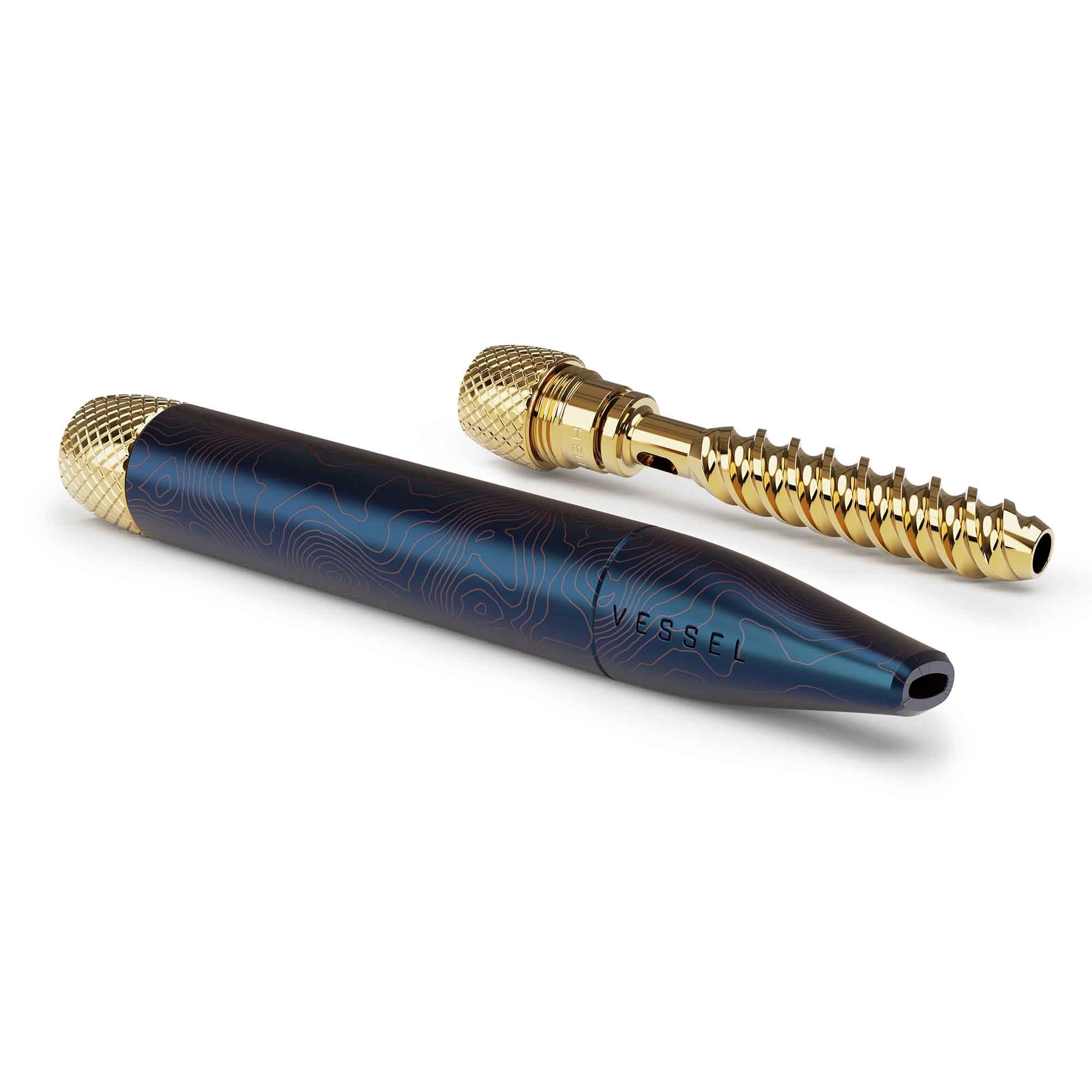 Vaper Vessel ensamblado con cuerpo azul y detalles dorados