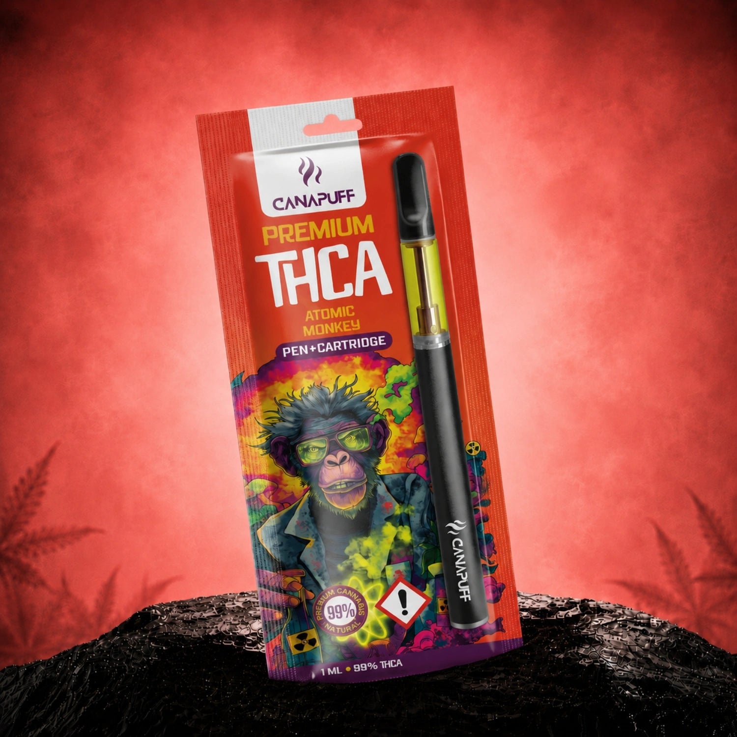 Canapuff THCA Atomic Monkey 99% pen and cartridge, 1 ml in red packaging