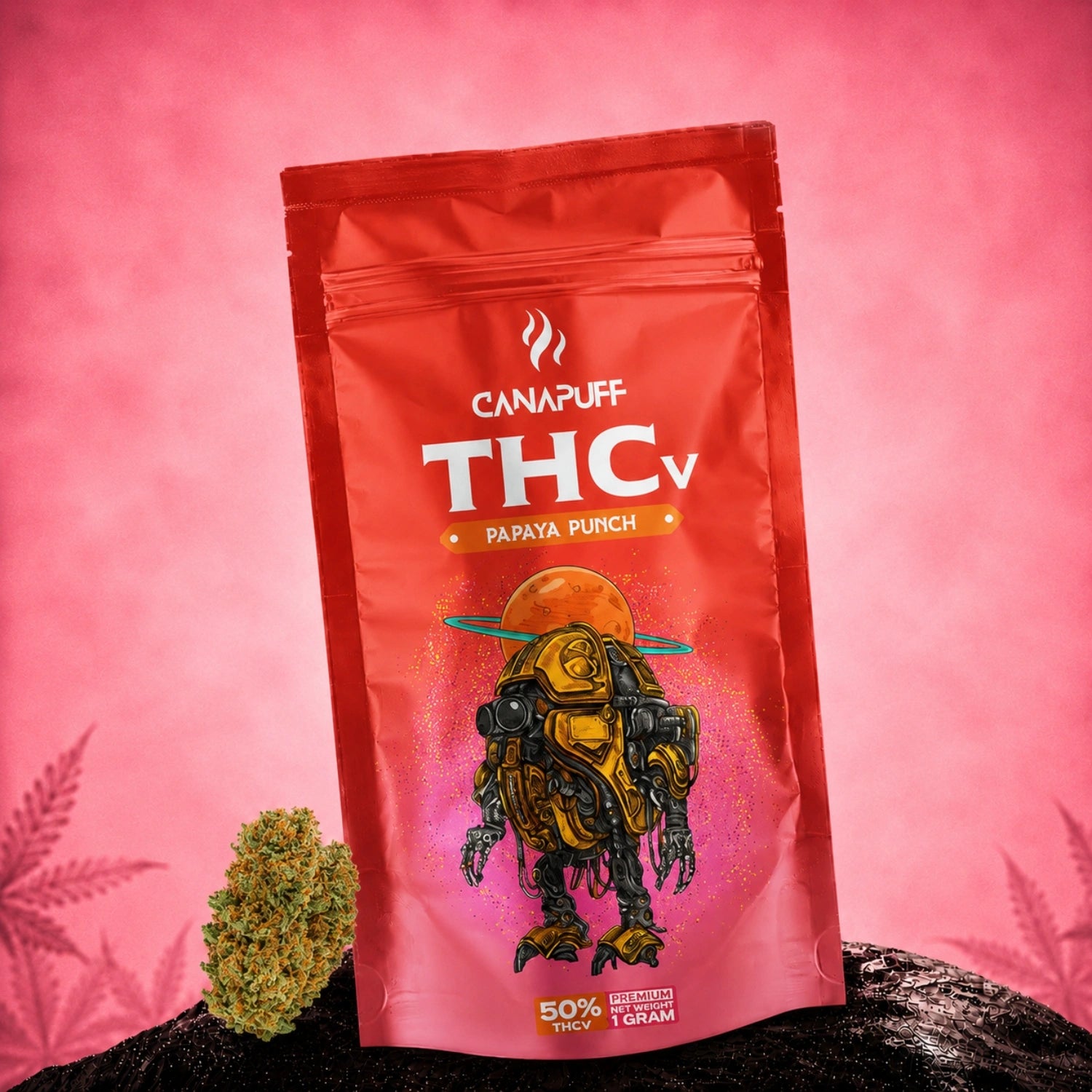Canapuff THCv Flowers Papaya Punch 50%, 1 gram pouch on pink background