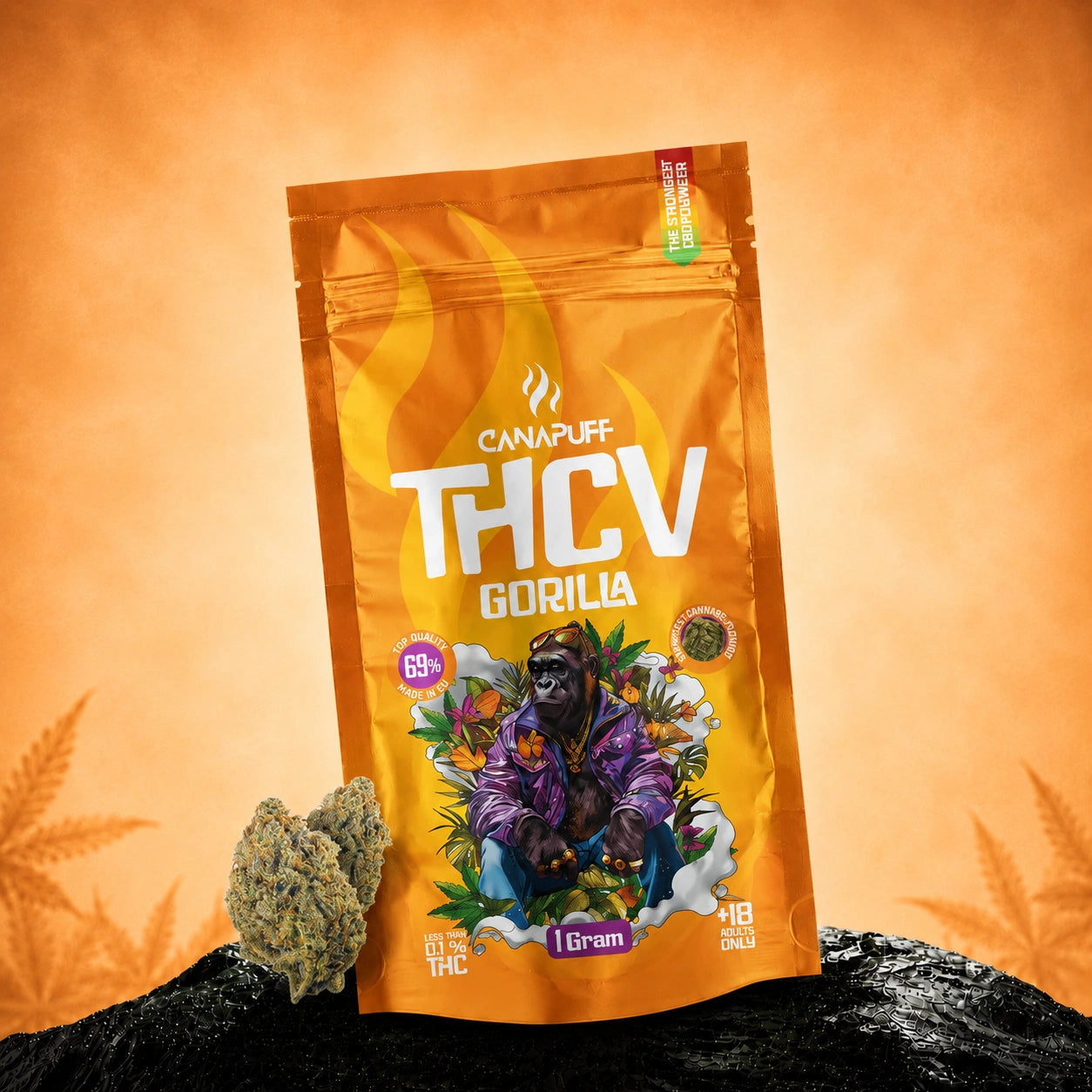 Canapuff THCv Gorilla flowers 69%, 1 gram pouch with orange packaging and gorilla artwork