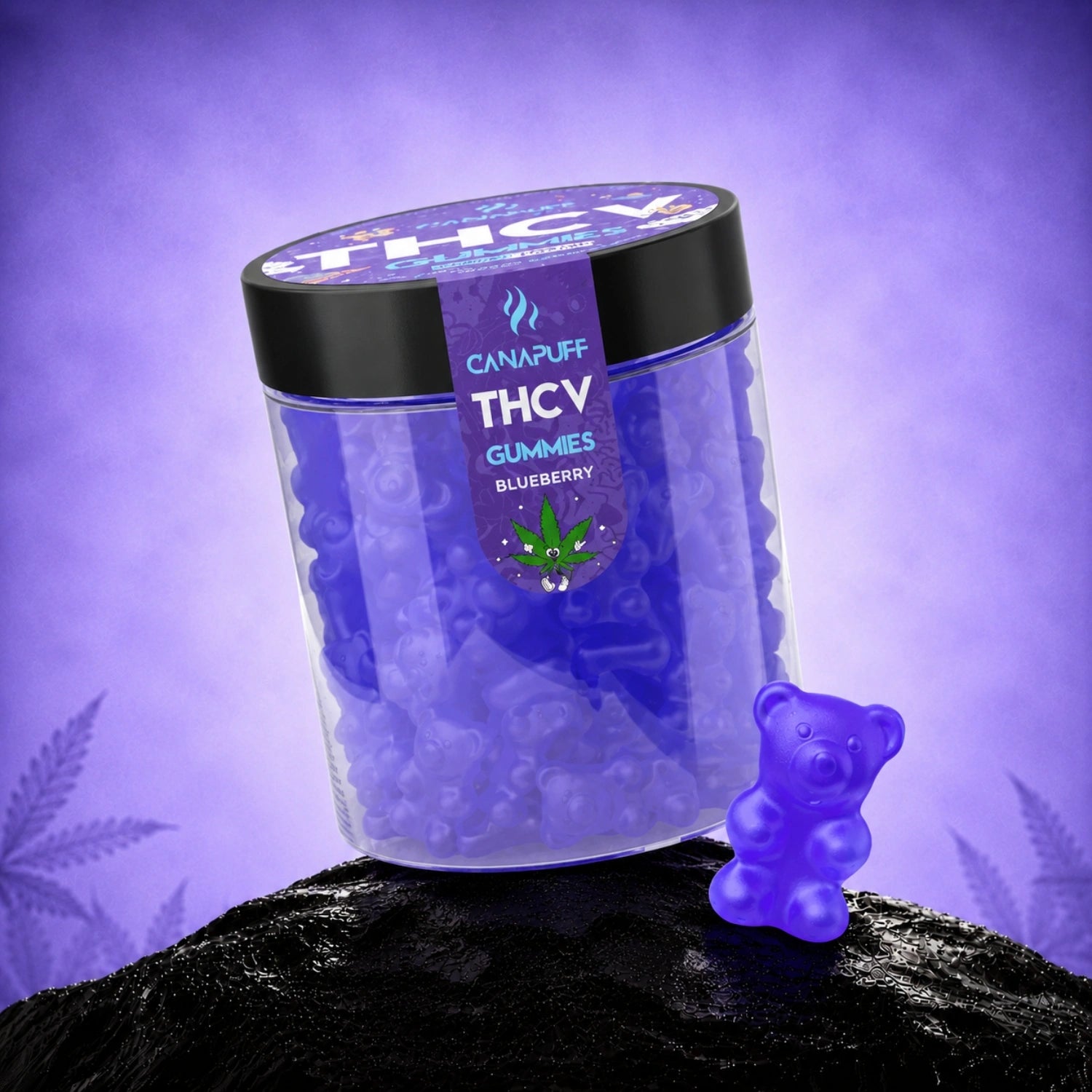 Canapuff THCv Gummies Blueberry in clear jar with black lid and purple gummy bears