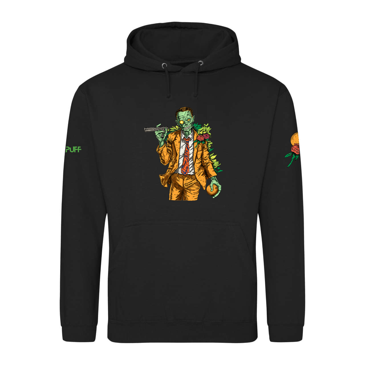 Sudadera negra con capucha con un zombi sosteniendo una pistola