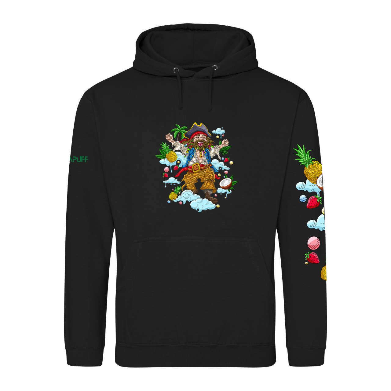 Sudadera negra con dibujo de pirata y elementos tropicales