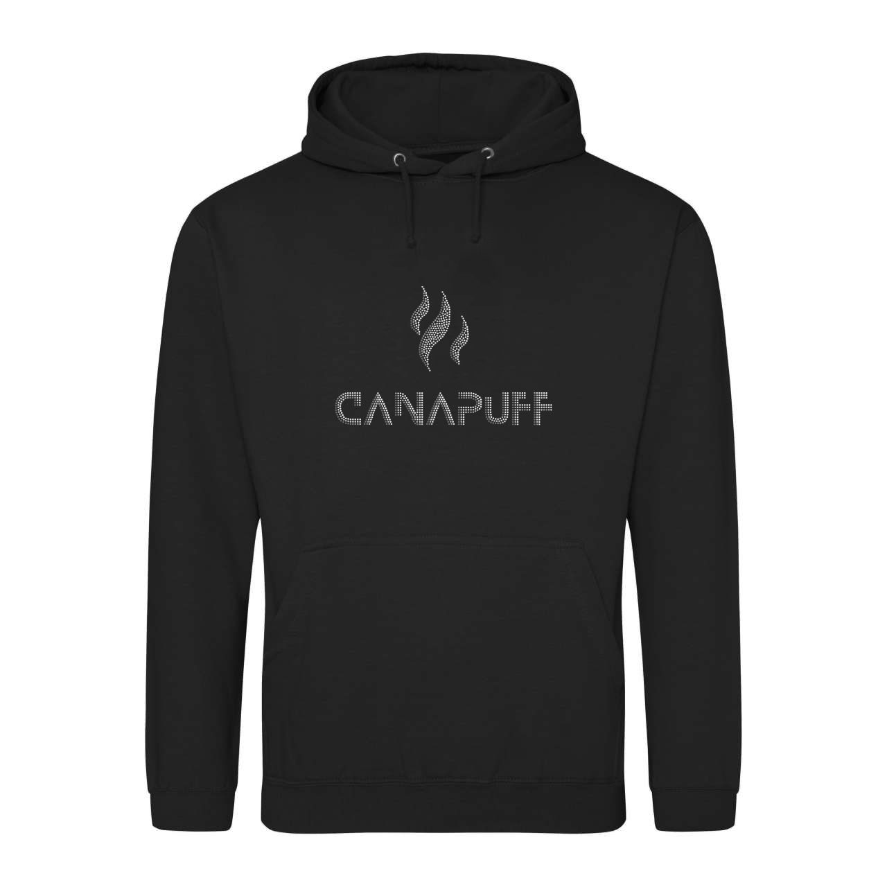 Sudadera negra con capucha y texto gris "canapuff" en el centro del pecho