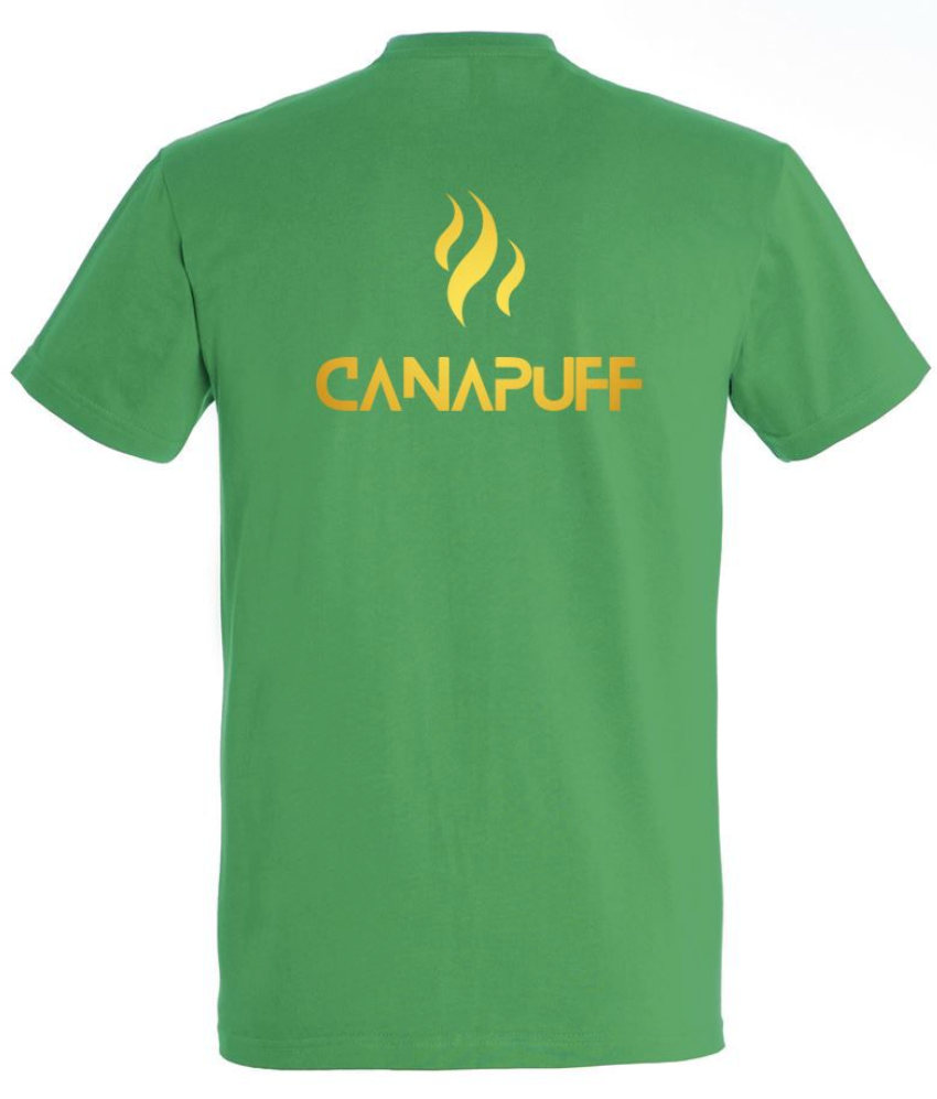 Camiseta verde Canapuff con un gran texto dorado que dice "canapuff"
