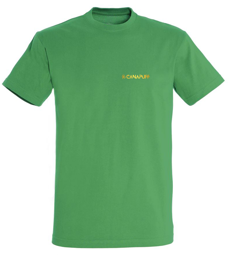 Camiseta verde Canapuff con un texto dorado que dice "canapuff"