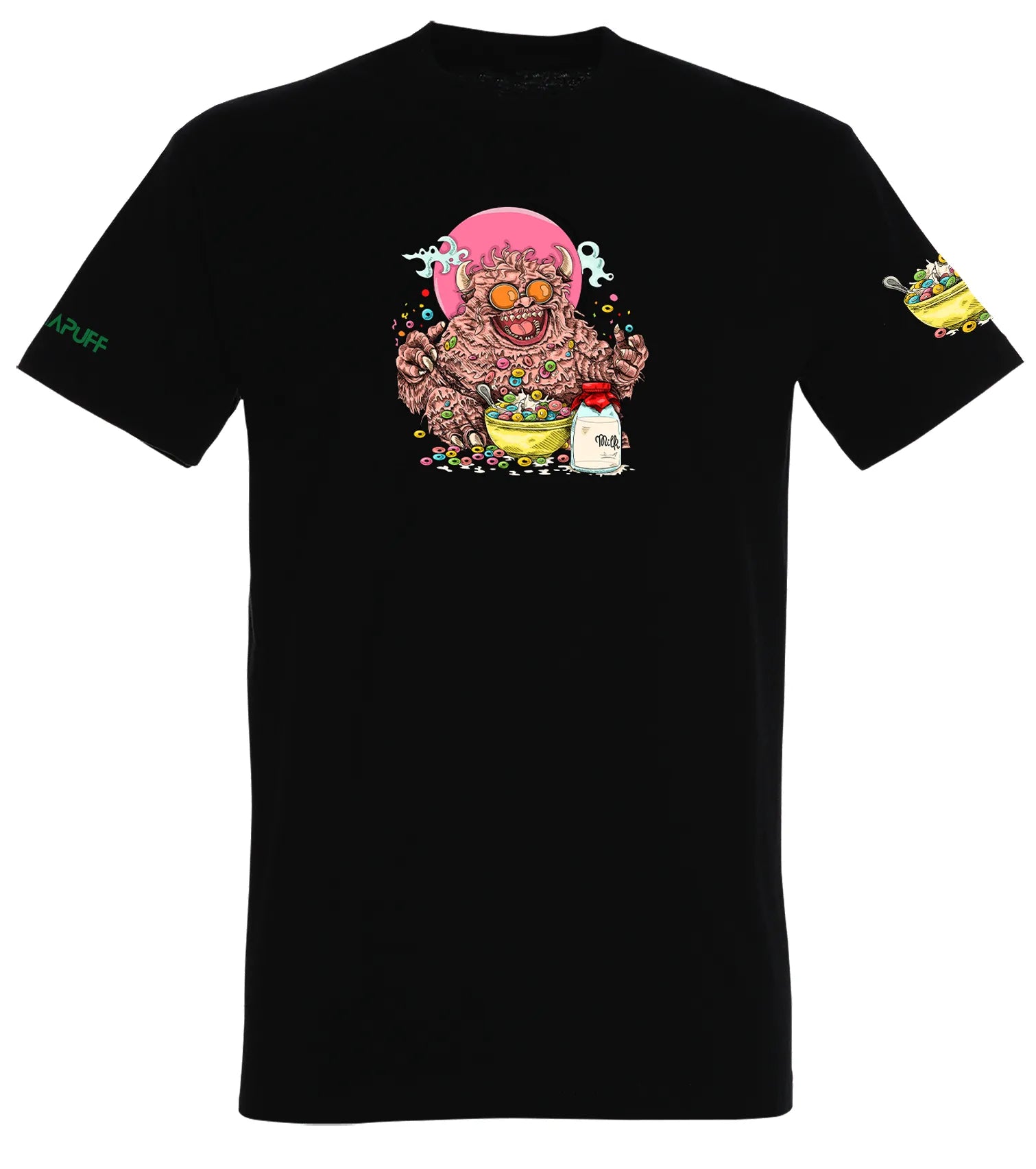 Camiseta Canapuff negra con un monstruo en diseño de caricatura