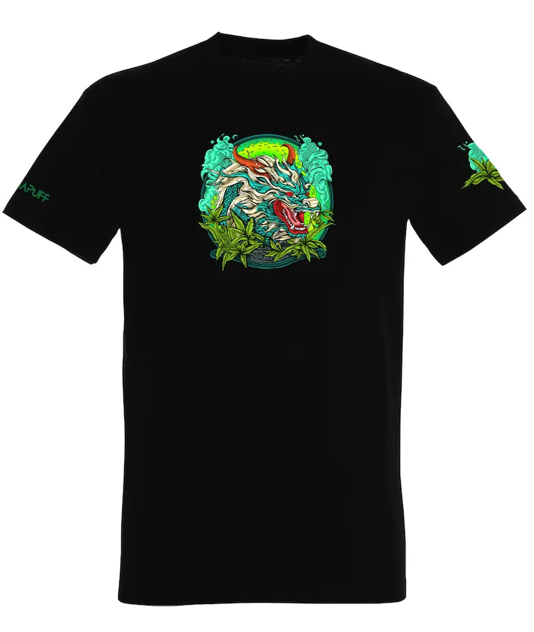 Camiseta Canapuff en negro con un dragón y colores vibrantes