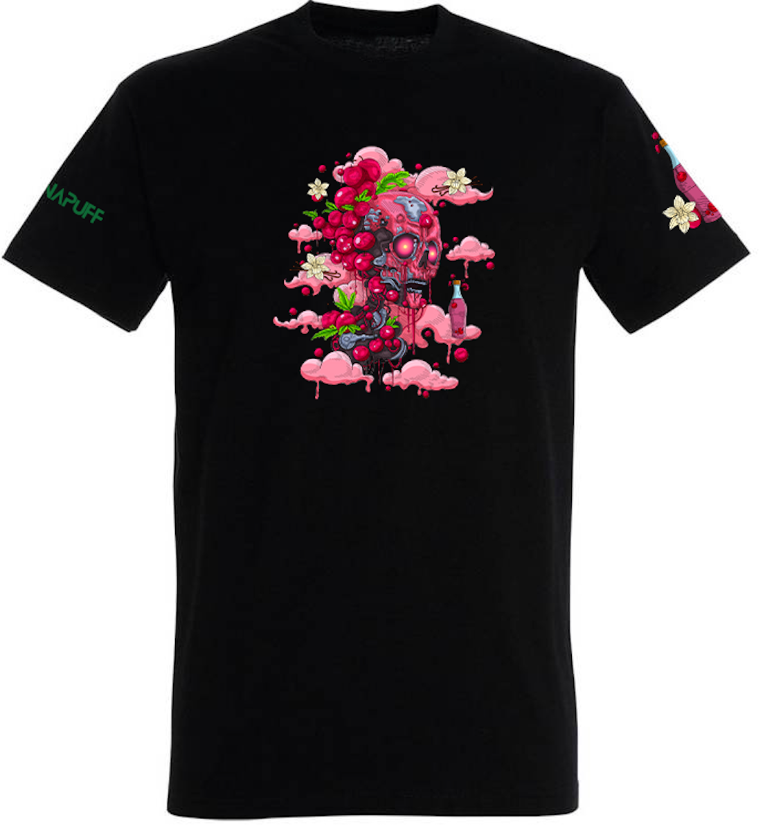 Camiseta Canapuff en negro con una calavera derretida sobre nubes rosas