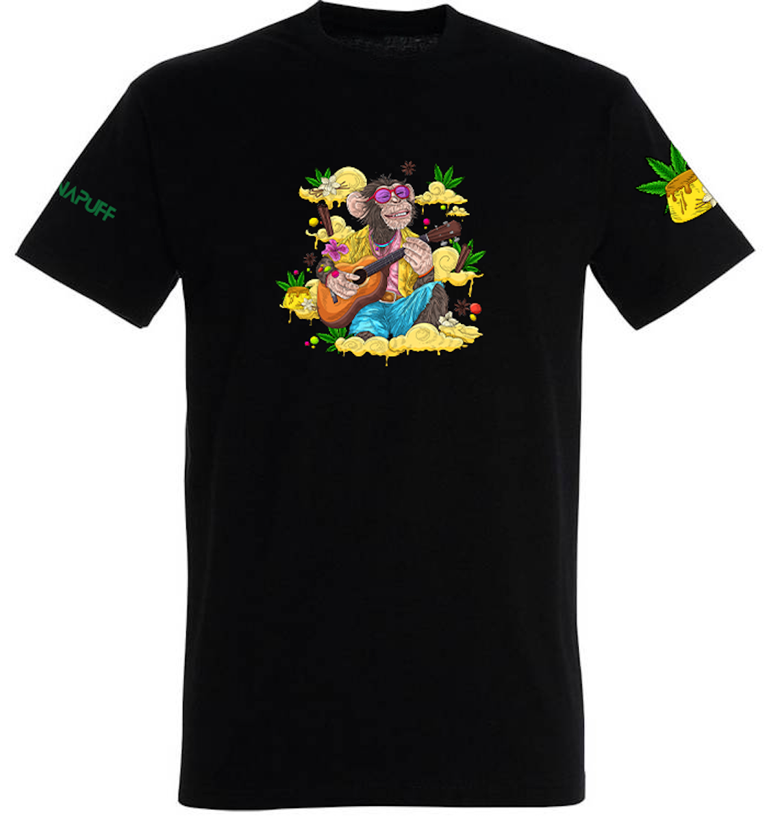 Camiseta Canapuff negra con un mono tocando la guitarra