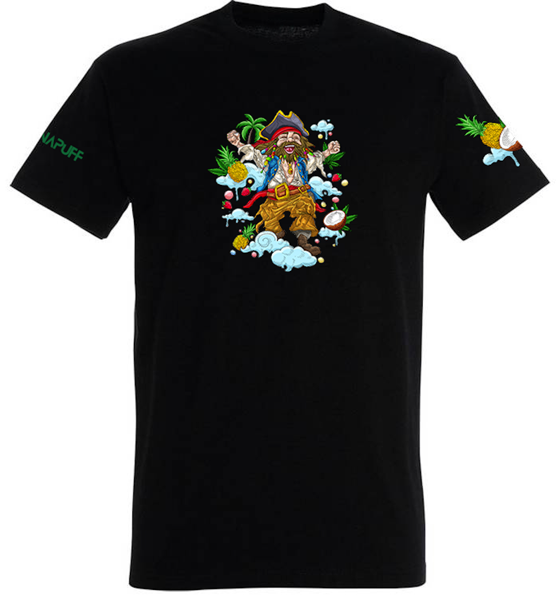 Camiseta Canapuff en negro con un pirata que luce feliz y detalles tropicales