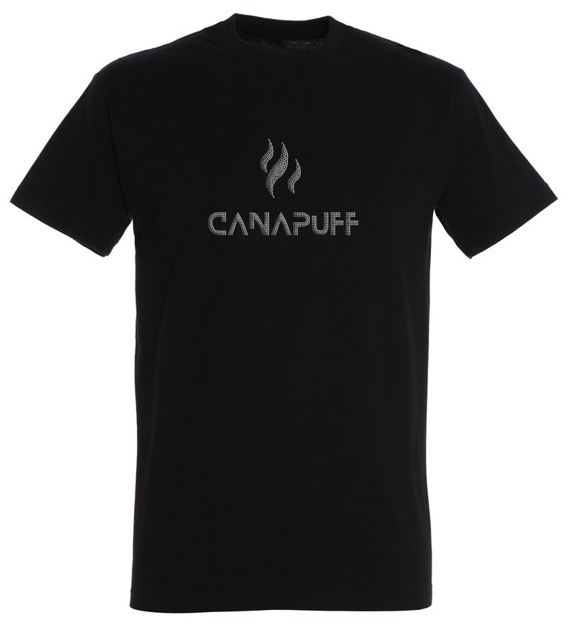 Canapuff juodos spalvos marškinėliai su dideliu pilku užrašu „canapuff“